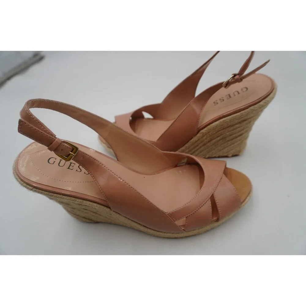 Guess Nude Patent Peep Toe Slingback Espadrille Wedge Heel Strap Sandals Sz 8.5M